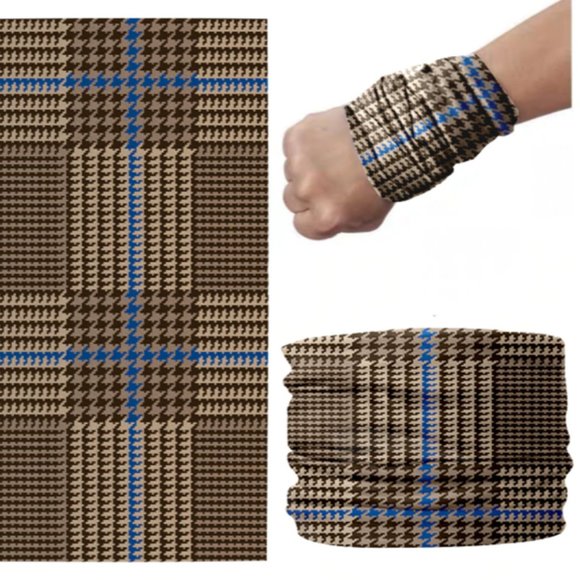 Houndstooth Brown Tan Blue Multifunction Face Mask - Picture 1 of 12